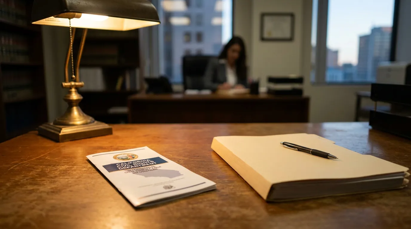 California Civil Rights Attorney Office Government Code 12923 California Civil Rights Department brochure on law office desk with attorney in background