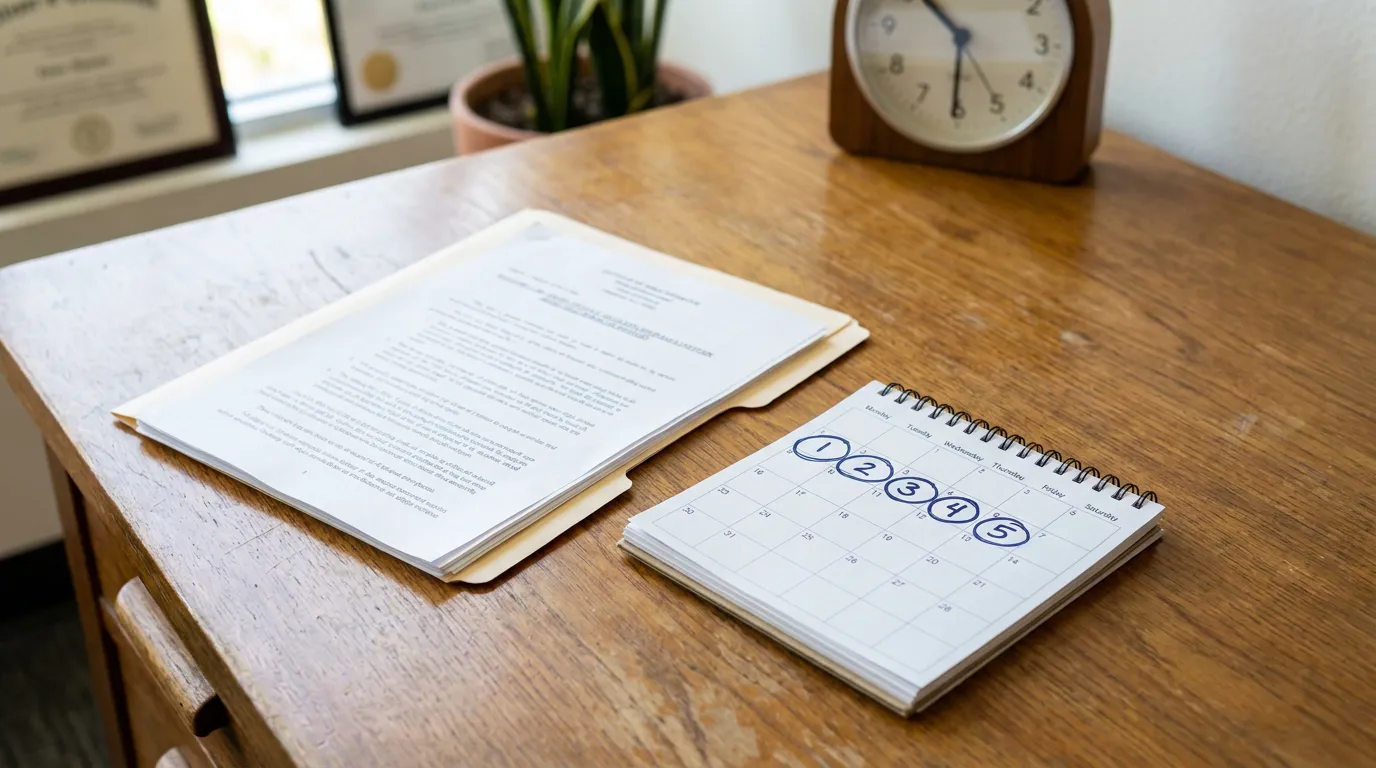 Redondo Beach Severance Agreement 5 Business Day Review Calendar legal documents in manila folder beside desk calendar with circled dates