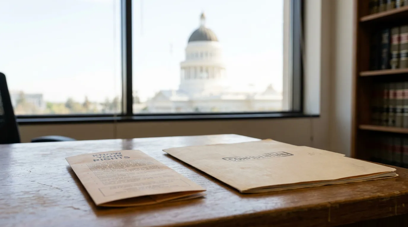 California SB 331 Confidential NDA and Employee Rights Documents Know Your Rights pamphlet and confidential legal folder on law office desk near capitol dome