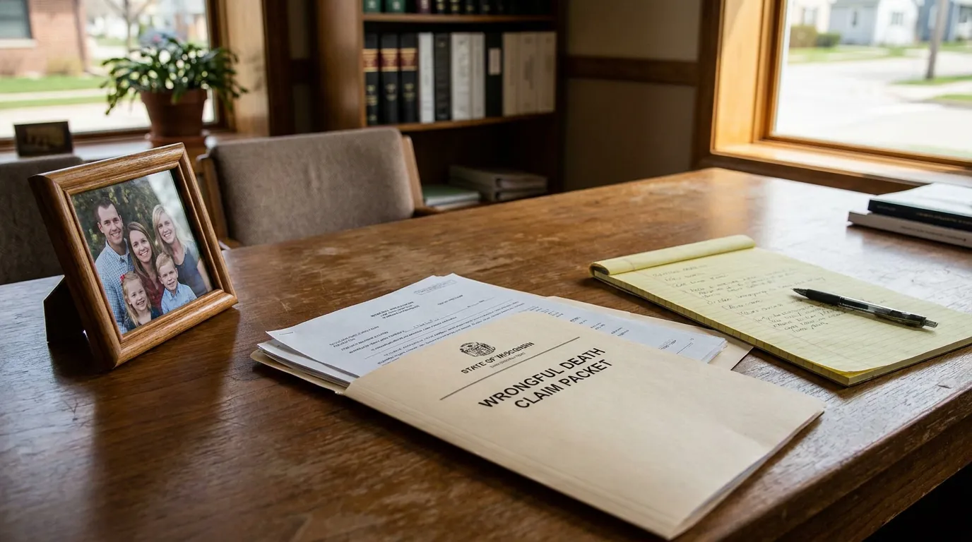 Madison Family Wrongful Death Third-Party Claim Documents State of Wisconsin Wrongful Death Claim Packet on desk beside family portrait