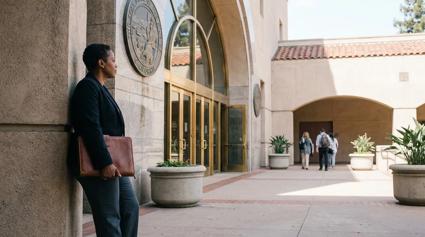 California Employee Outside Courthouse Harassment Claim professional woman holding leather portfolio standing outside California state courthouse entrance