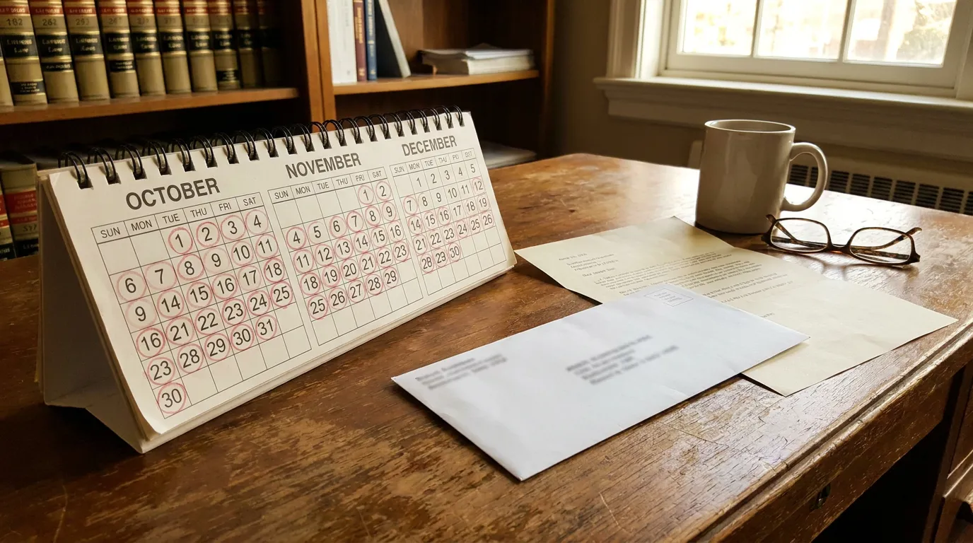 90-Day Whistleblower Retaliation Presumption Calendar California Law desk calendar showing October November December beside legal documents and eyeglasses
