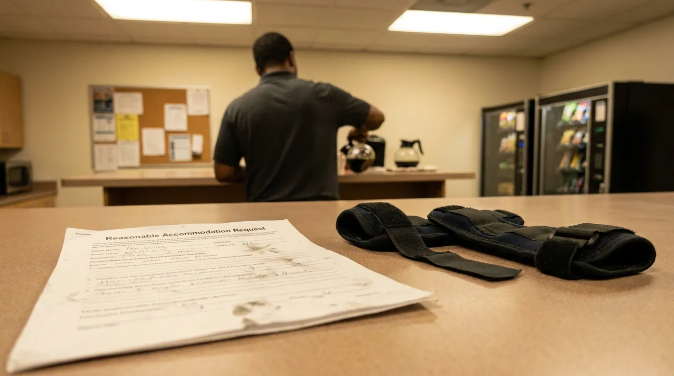 California Employee Reasonable Accommodation Request Form Workplace Reasonable Accommodation Request form and wrist brace on workplace break room counter