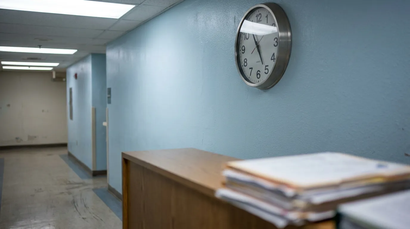 Houston Hospital Clock HIE 6-Hour Cooling Window wall clock above wooden desk stacked with legal files in institutional hallway