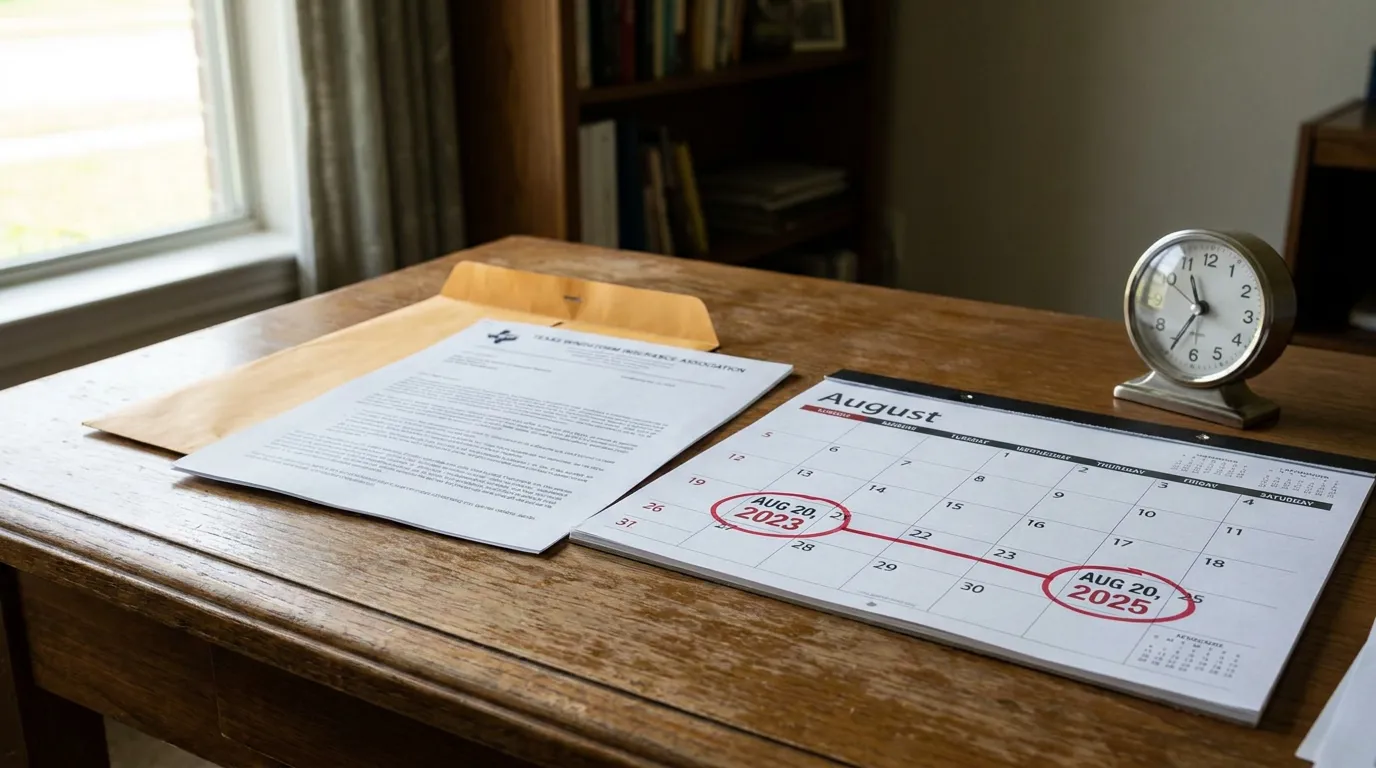 TWIA Denial Letter Two-Year Deadline Calendar Houston August calendar with Aug 20 2023 and 2025 circled beside legal document and clock