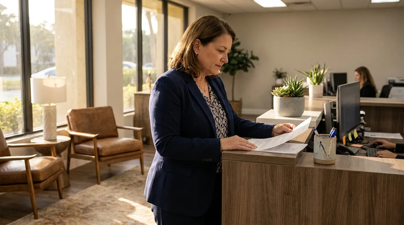 Ft Lauderdale Slip and Fall Lawyer Reviewing Premises Liability Case female attorney reviewing legal document at law firm reception desk