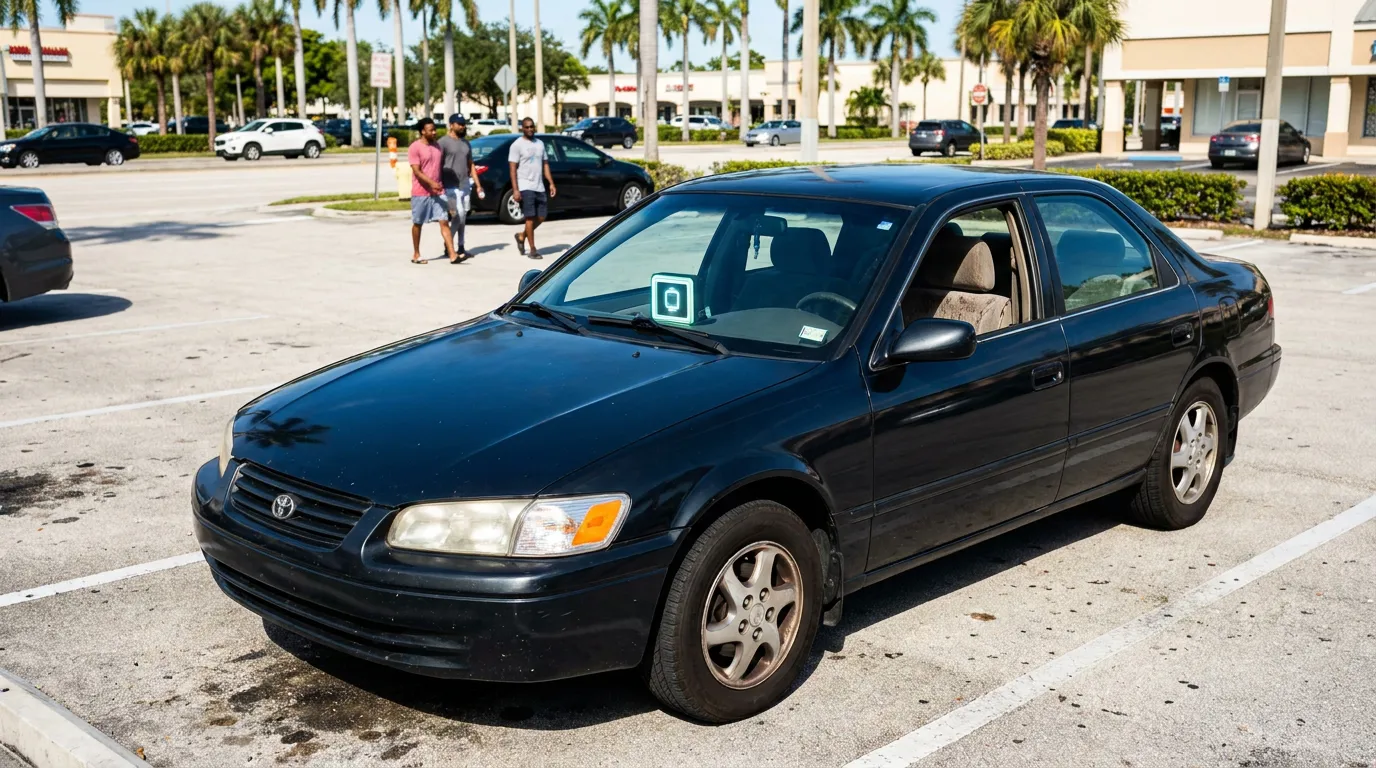 Toyota sedan with Uber logo sign displayed on windshield parked in lot