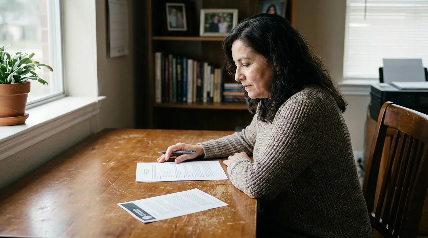 Houston Homeowner Reviewing Public Adjuster Contract Documents woman seated at wooden table reviewing legal documents with pen in hand