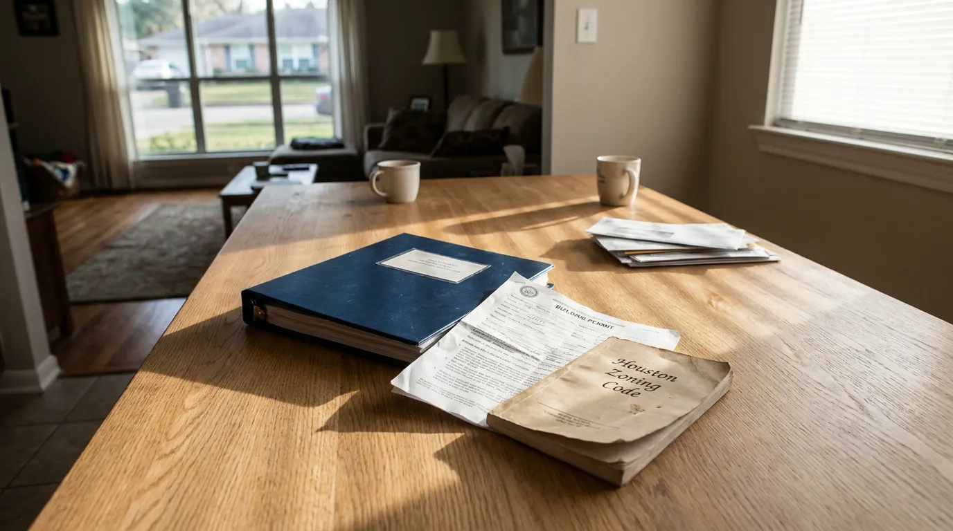 Houston Zoning Code And Building Permit Documents On Table Houston Zoning Code booklet and building permit documents on wooden table