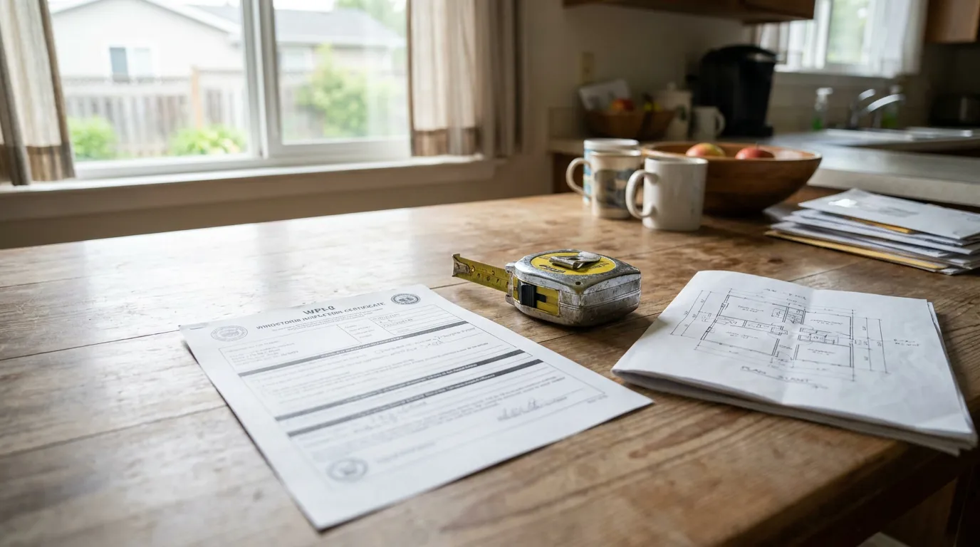 WPI-8 Windstorm Inspection Certificate Houston Home Remodel home inspection certificate, architectural floor plan, and tape measure on wooden table