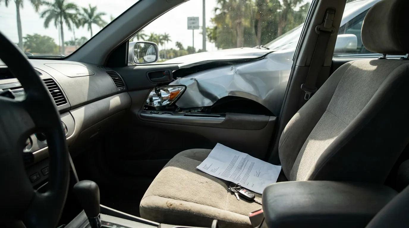 car interior with crumpled door panel, document, and keys on passenger seat