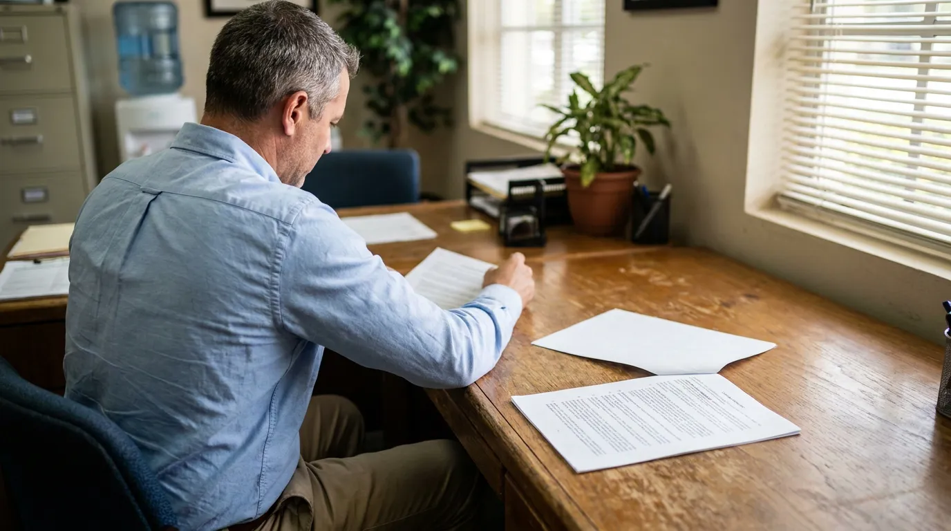Miami Attorney Reviewing Civil Remedy Notice Insurance Documents man seated at wooden desk reviewing printed legal documents in office