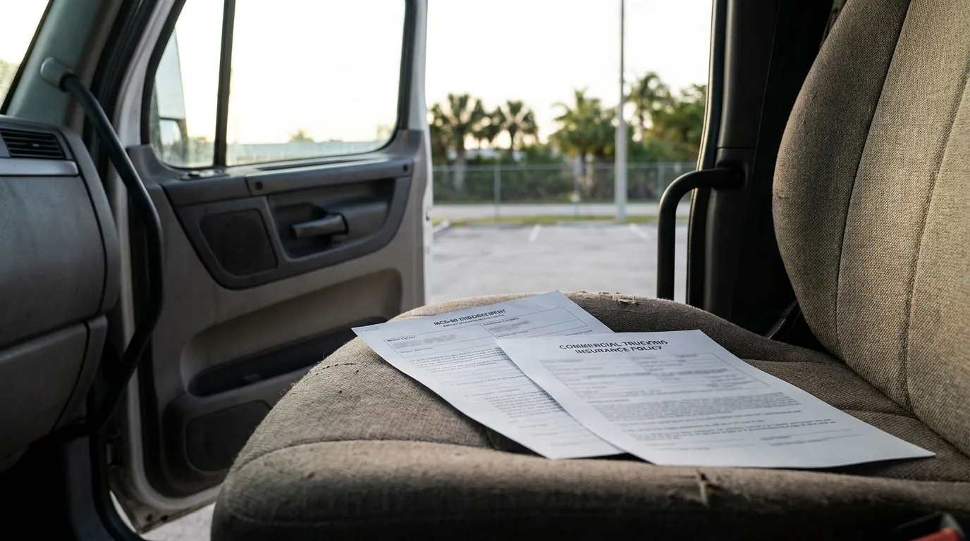 MCS-90 Endorsement Commercial Trucking Insurance Documents Fort Lauderdale Commercial Trucking Insurance Policy and MCS-90 endorsement documents resting on truck seat