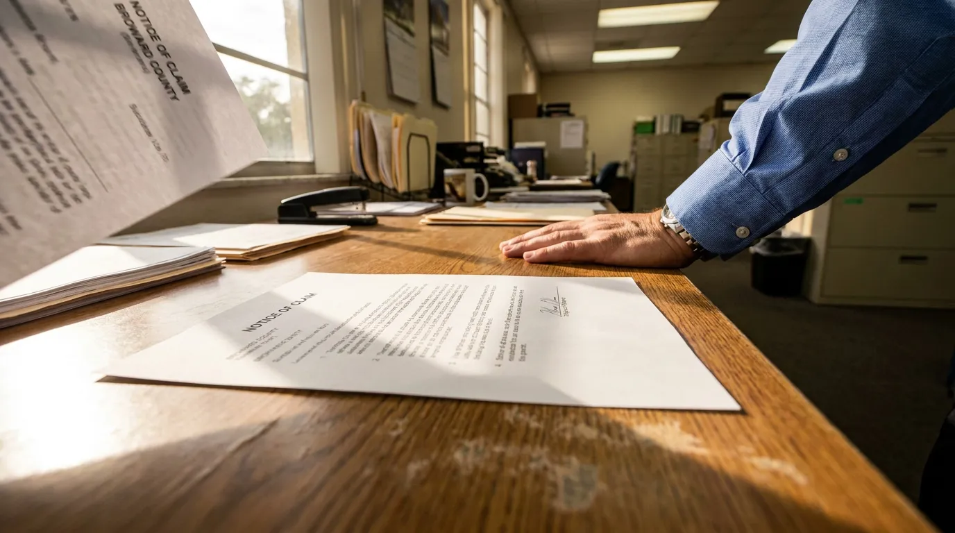 Notice of Claim document on office desk with person's hand resting nearby