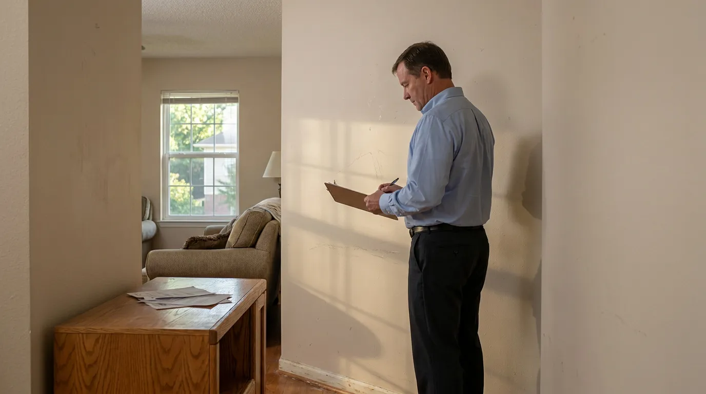 Houston Home Insurance Adjuster Inspecting Cosmetic Damage Claim man holding clipboard and pen inspecting residential property interior wall