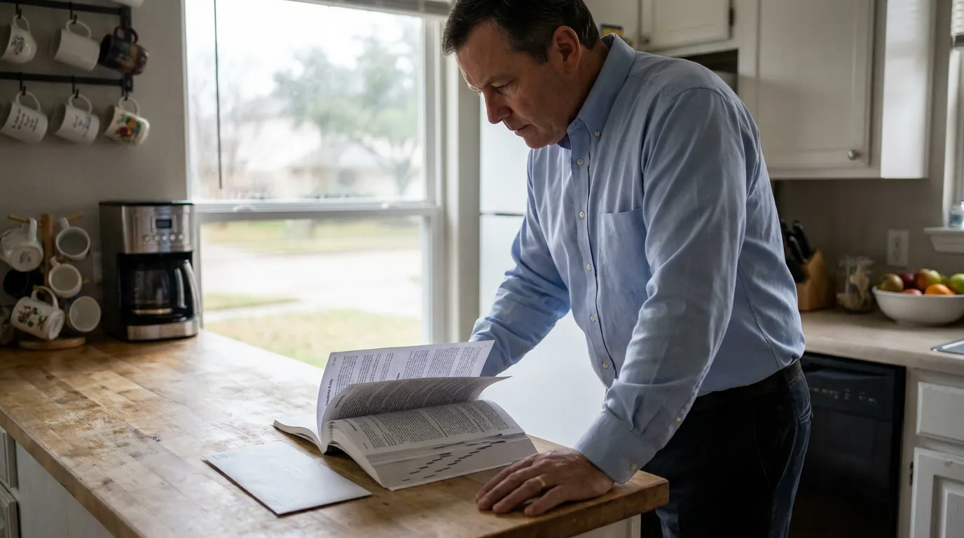 Houston Homeowner Reviewing Named Storm Deductible Policy man leaning over kitchen counter reading open book or document