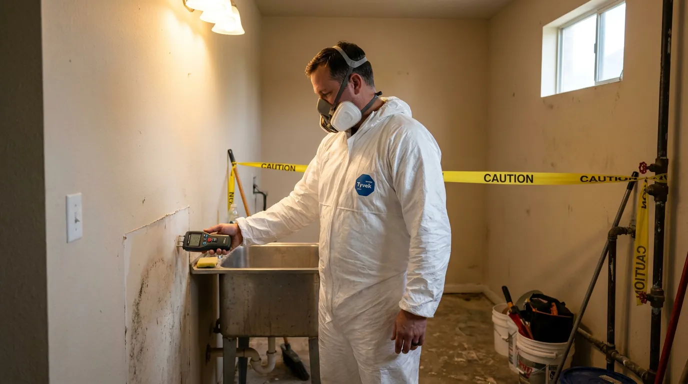 Houston Mold Remediation Specialist Inspecting Home Mold Damage Tyvek-suited inspector using moisture meter near mold-damaged wall with caution tape