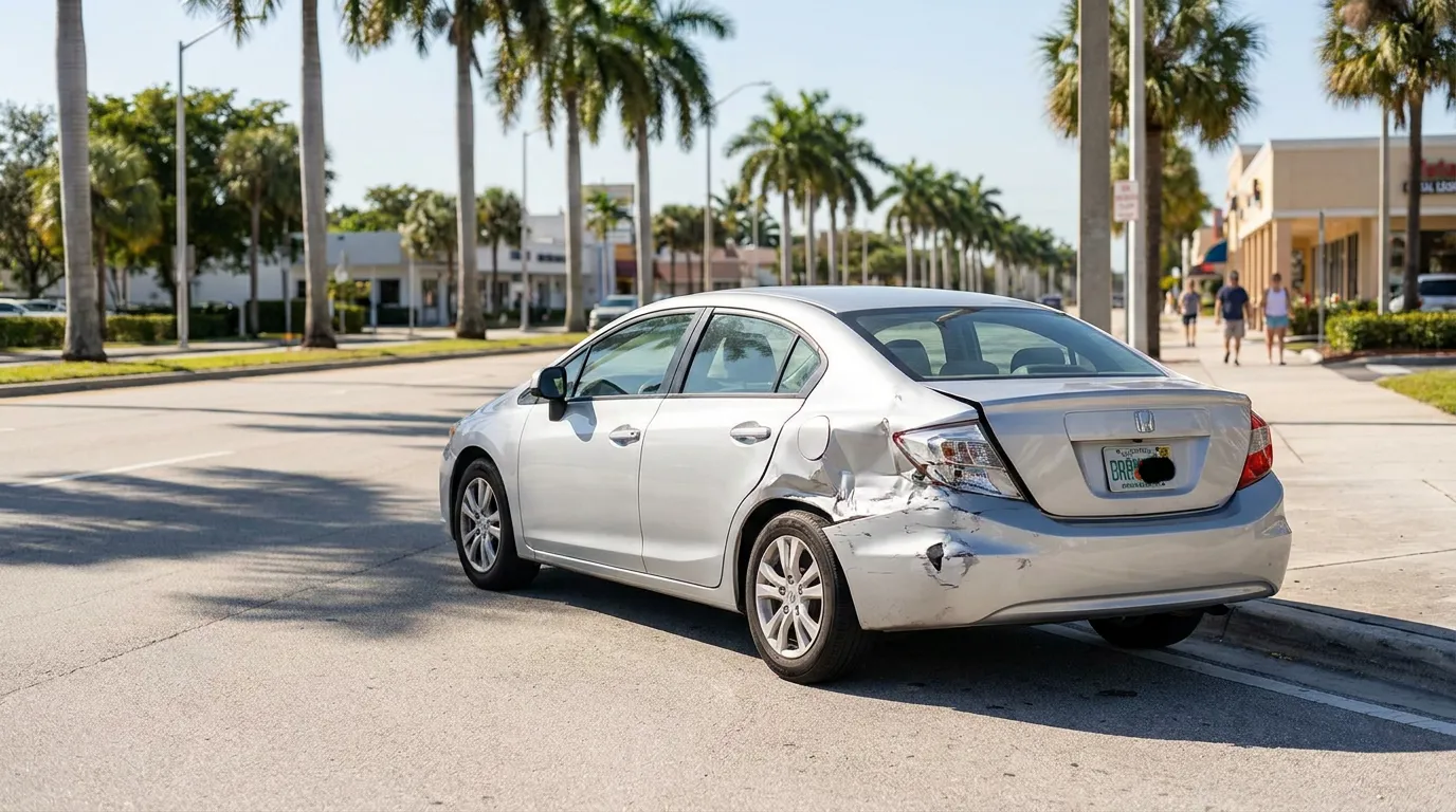 Fort Lauderdale Car Crash Serious Injury Threshold Honda sedan with crushed rear quarter panel damage on Florida street
