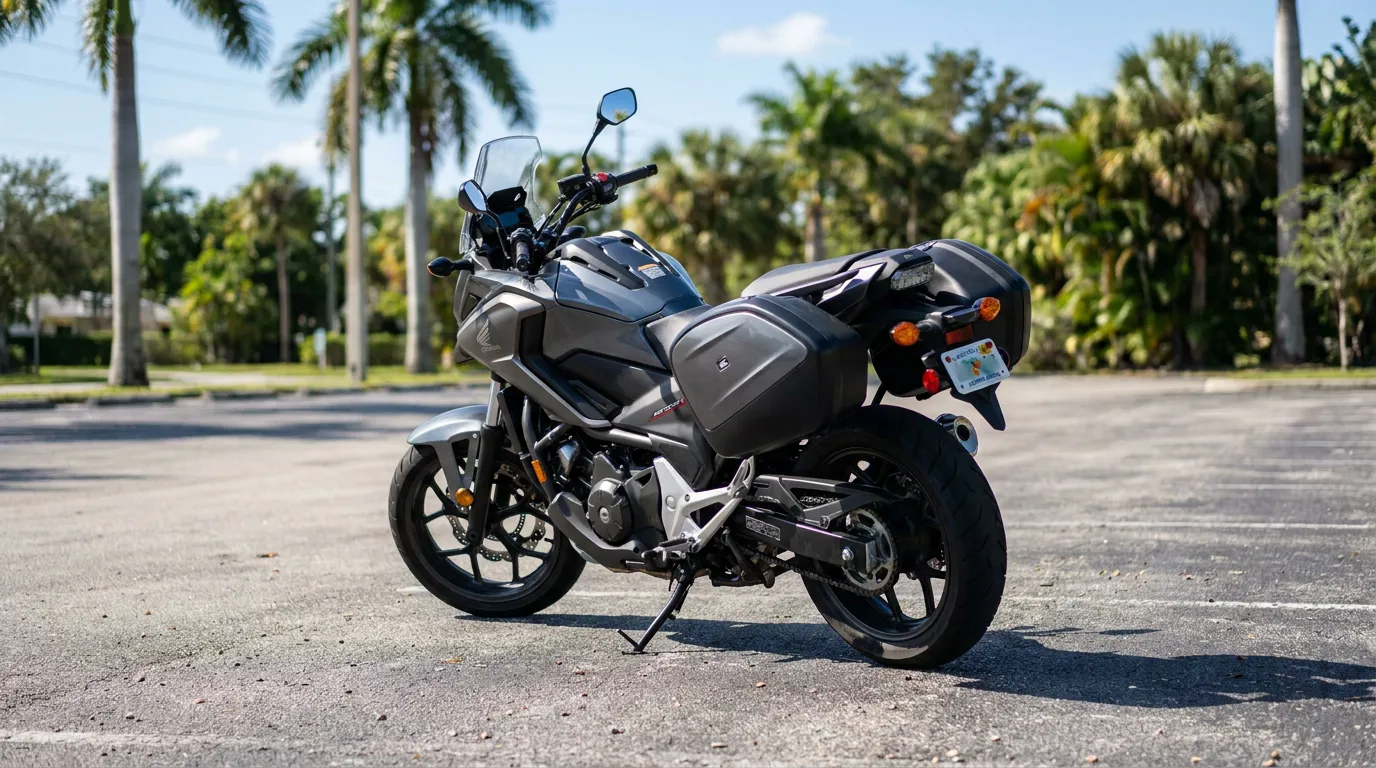 Honda NC750X motorcycle with side cases parked in open parking lot