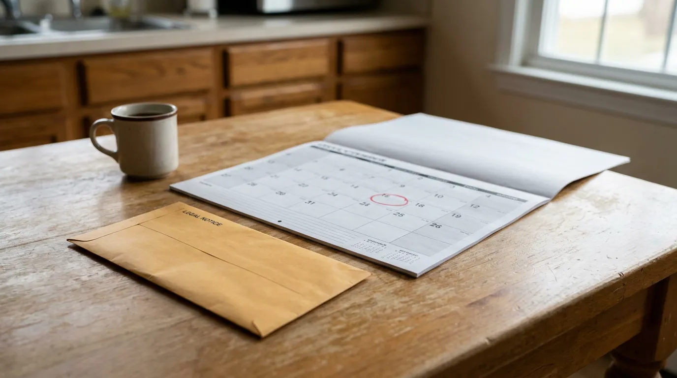 Fort Lauderdale 90-Day Substitution Deadline Legal Notice Calendar Legal notice envelope beside open calendar with circled date on wooden table