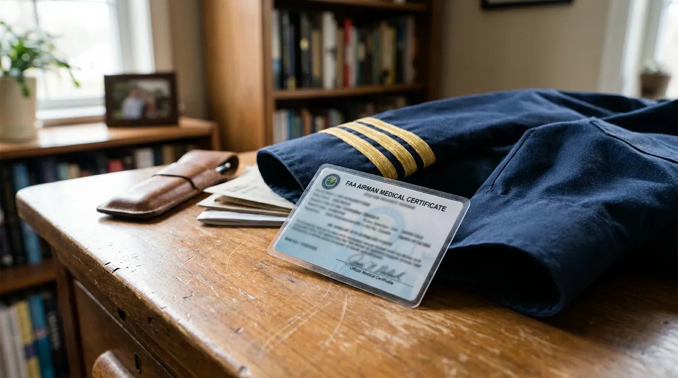 FAA Airman Medical Certificate Pilot Mental Health Renewal FAA Airman Medical Certificate resting against pilot uniform with epaulettes on wooden desk