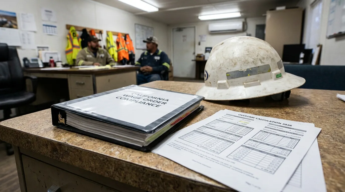 California Wage Order 16 Drilling Overtime Compliance Binder 2026 California Wage Order Compliance binder, hard hat, and overtime calculation documents on worksite desk