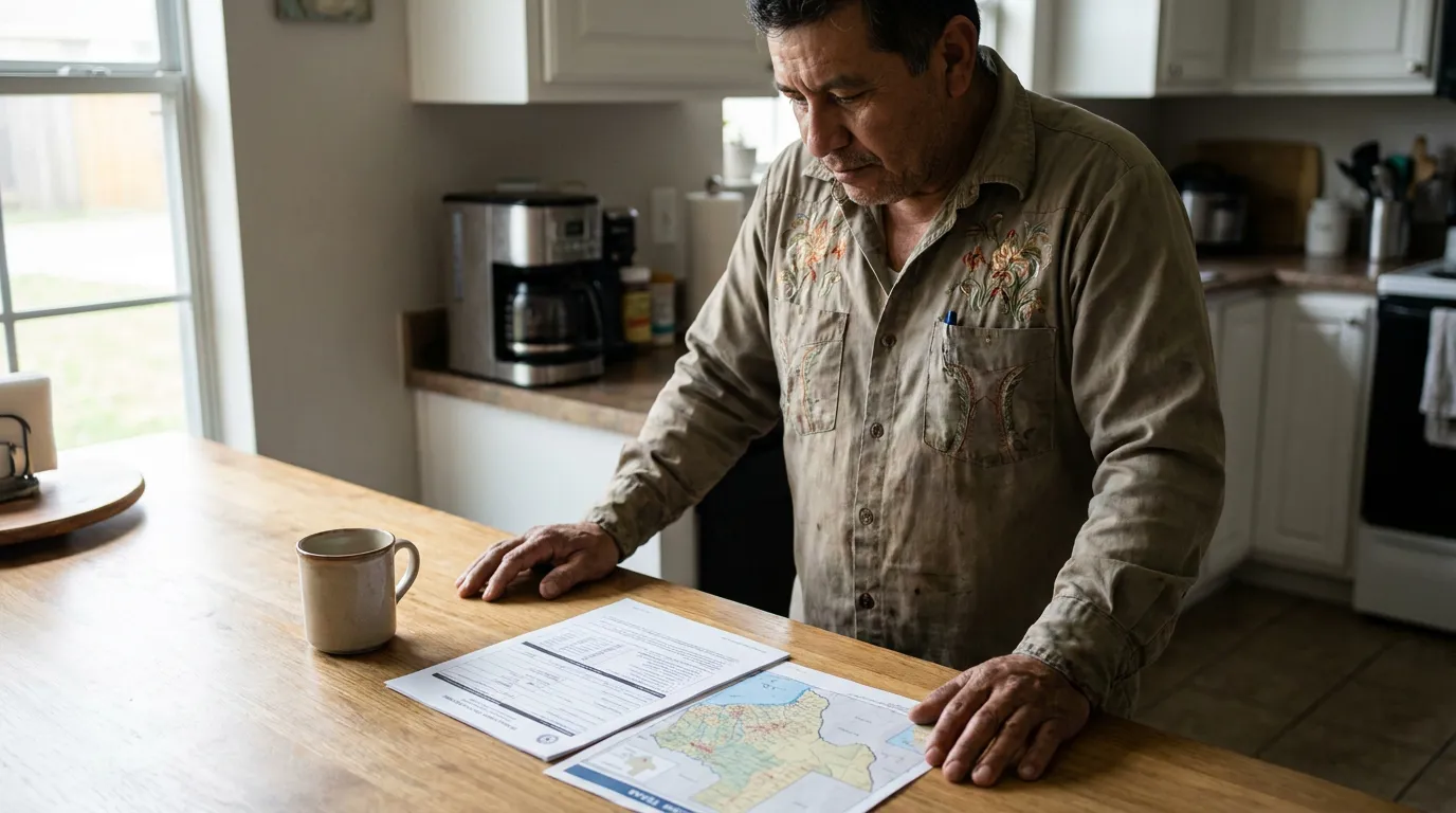 Texas Worker Reviewing IRS Form 8919 Misclassification Documents man standing at kitchen counter reviewing printed documents and map