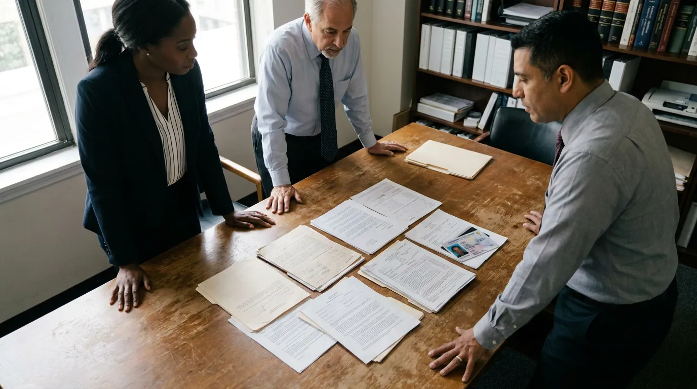 three legal professionals reviewing spread documents and case files on conference table