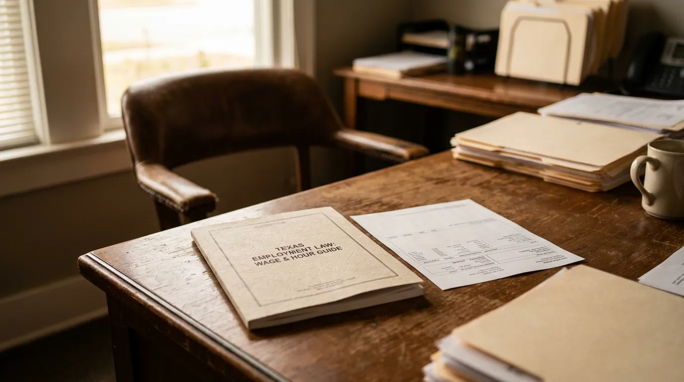 Texas Employment Law Wage and Hour Guide on Office Desk Texas Employment Law Wage and Hour Guide booklet on wooden attorney desk