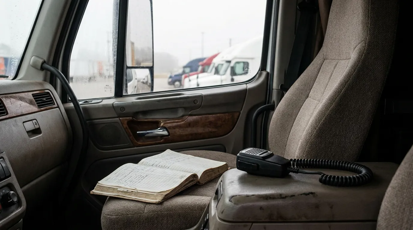 Interstate Truck Driver Cab Logbook FAA Arbitration Exemption open driver logbook and CB radio handset on commercial truck cab seat