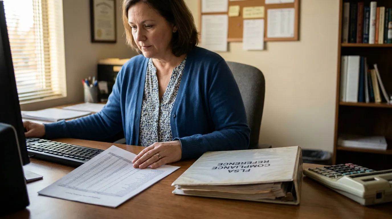 HR Professional Reviewing FLSA Compliance Reference Binder woman reviewing documents beside FLSA Compliance Reference binder at office desk