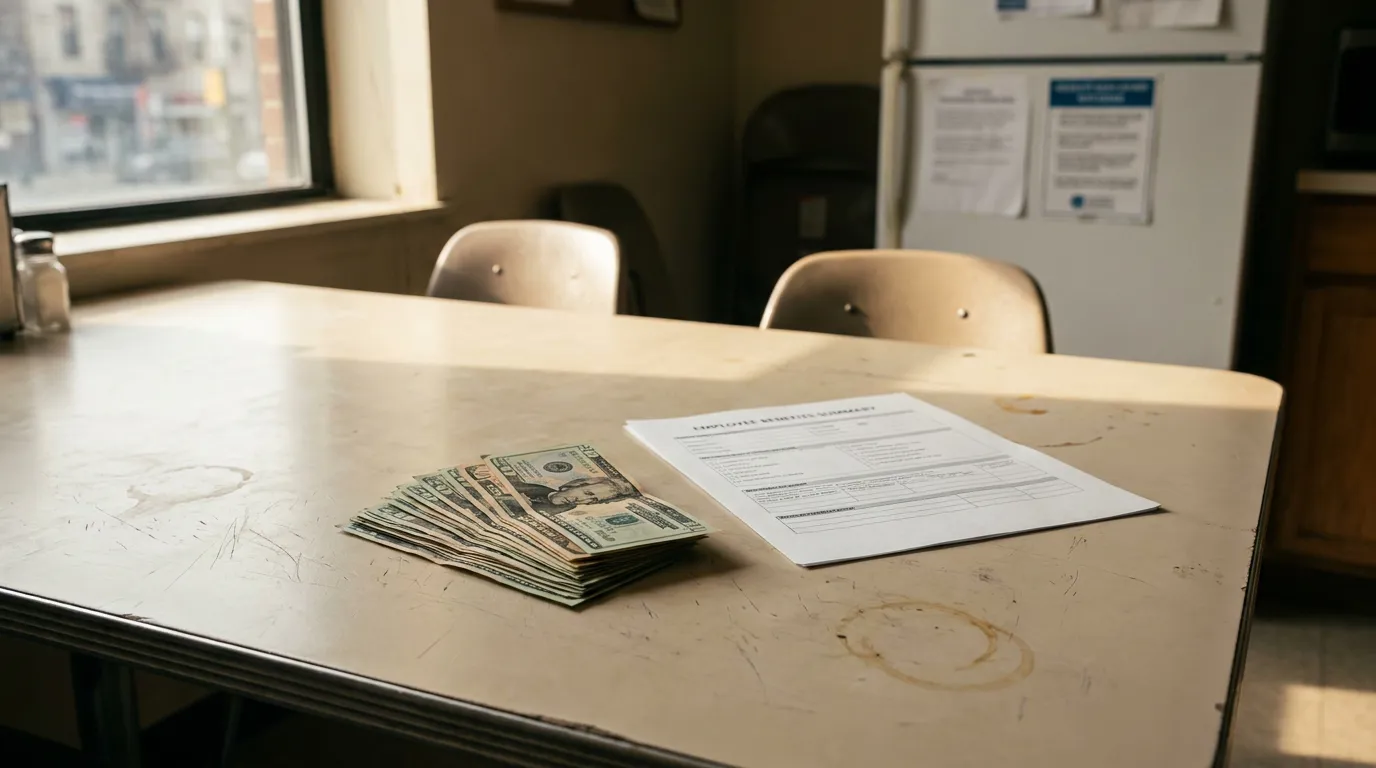 Cash in Lieu of Benefits and Employee Benefits Summary cash bills and Employee Benefits Summary document on worn breakroom table