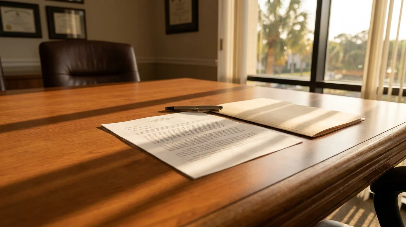 Florida Presuit Notice Of Intent To Initiate Litigation Document legal document and pen on wooden conference table in law office