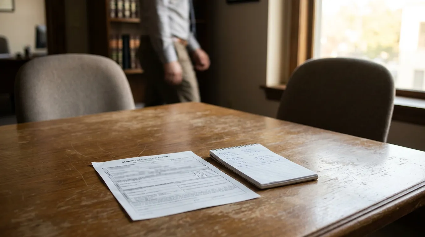 Illinois Traffic Crash Report on Chicago Lawyer Office Desk Illinois Traffic Crash Report and handwritten notepad on wooden office table