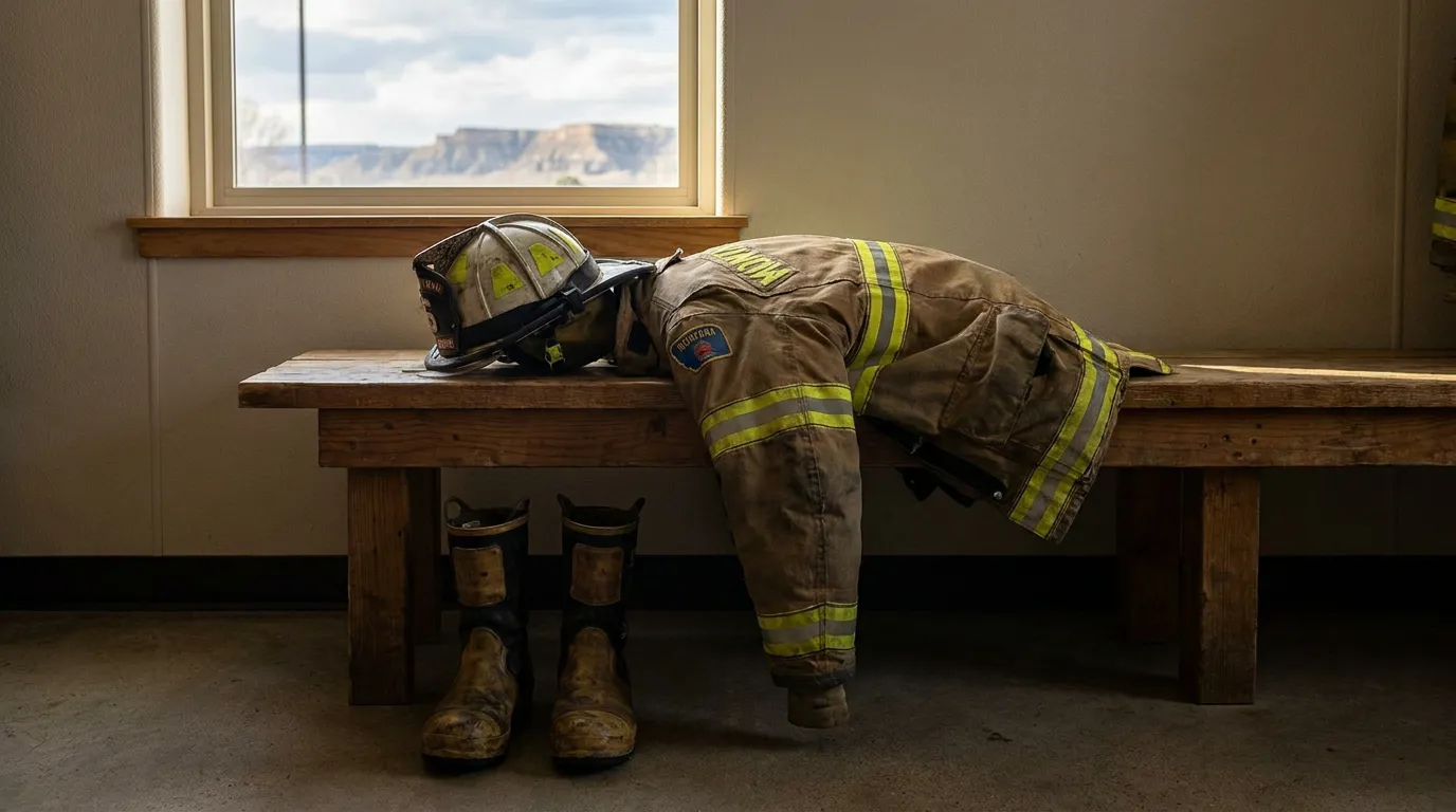 firefighter turnout gear and helmet resting on wooden bench with boots below