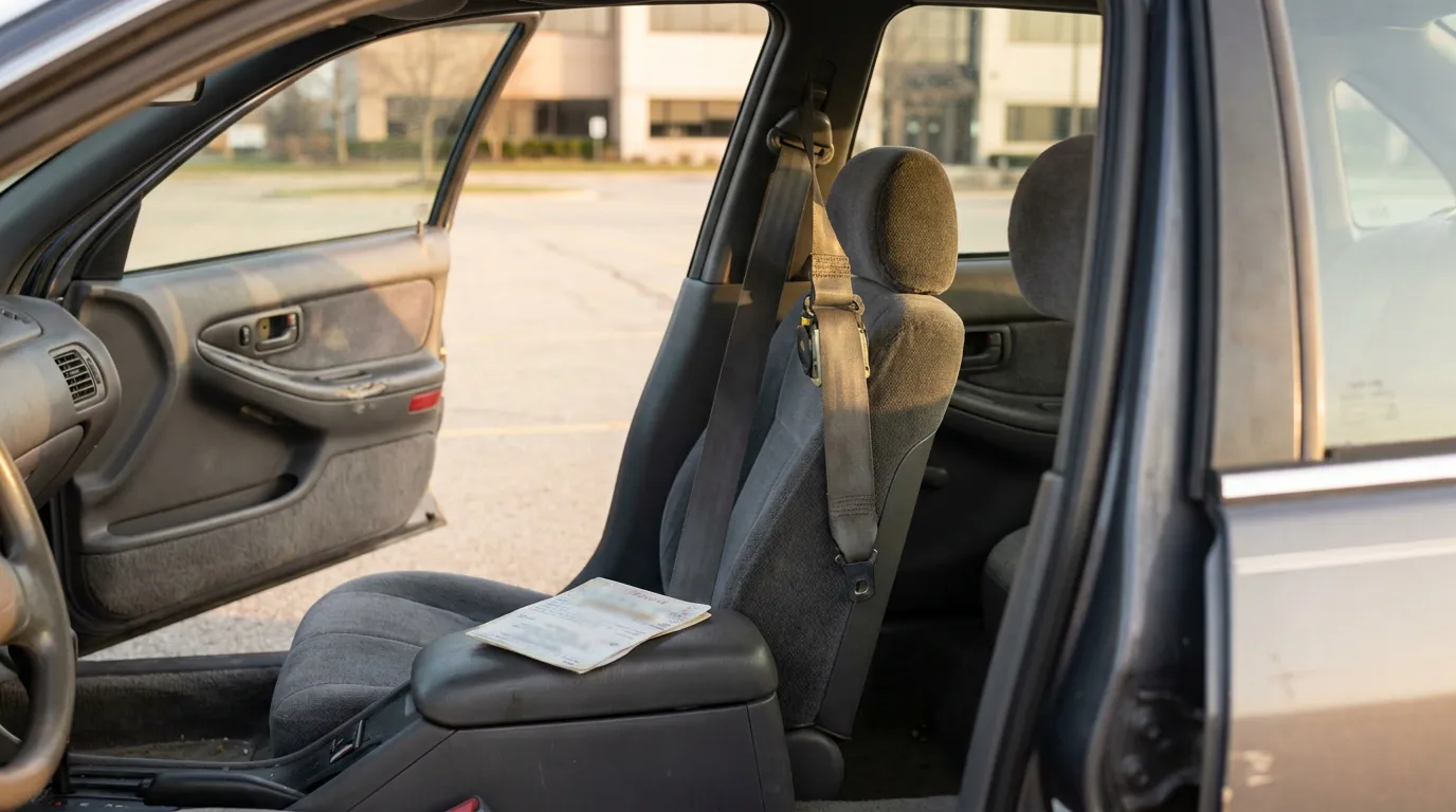 Unbuckled Seat Belt Illinois Car Crash Claim vehicle interior with unlatched seatbelt and document resting on passenger seat