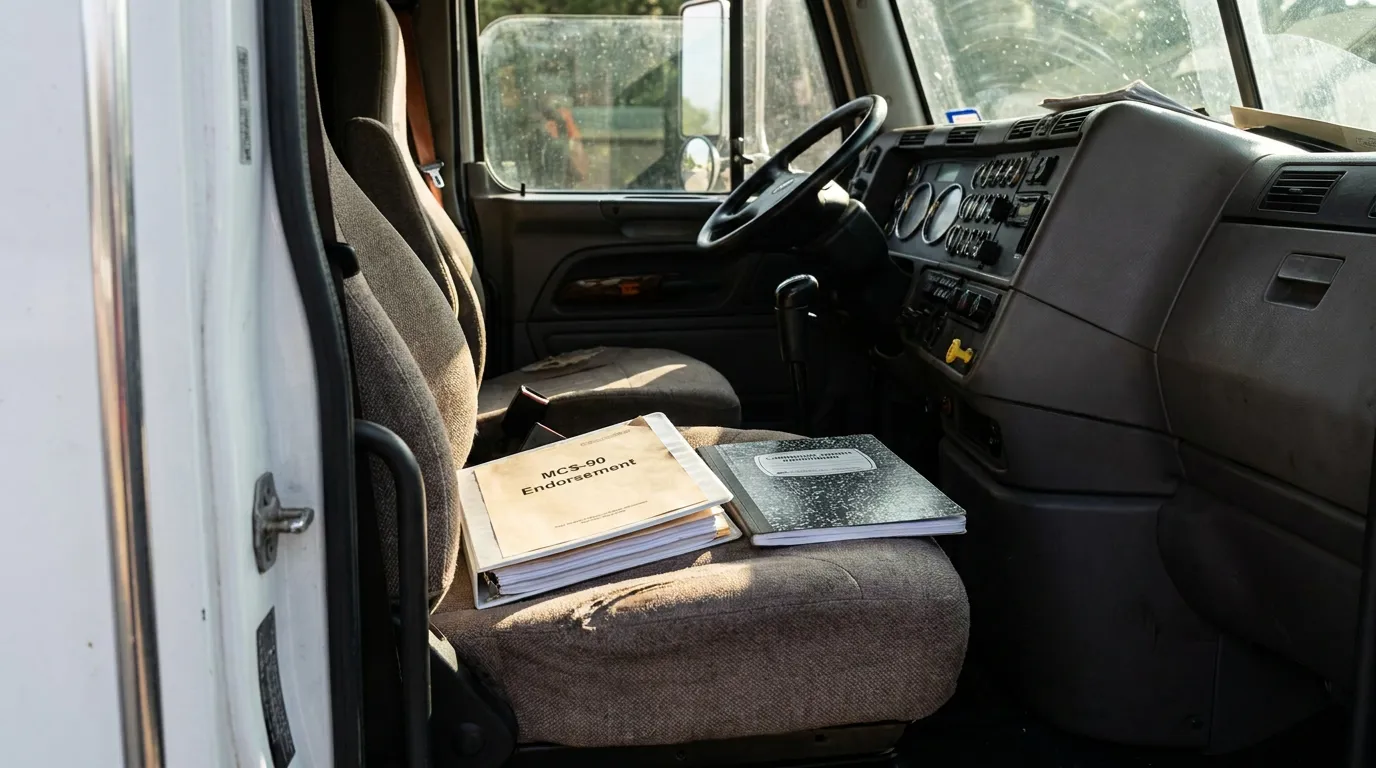 MCS-90 Endorsement Documents Inside Dayton Commercial Truck MCS-90 Endorsement document and notebook resting on commercial truck cab seat