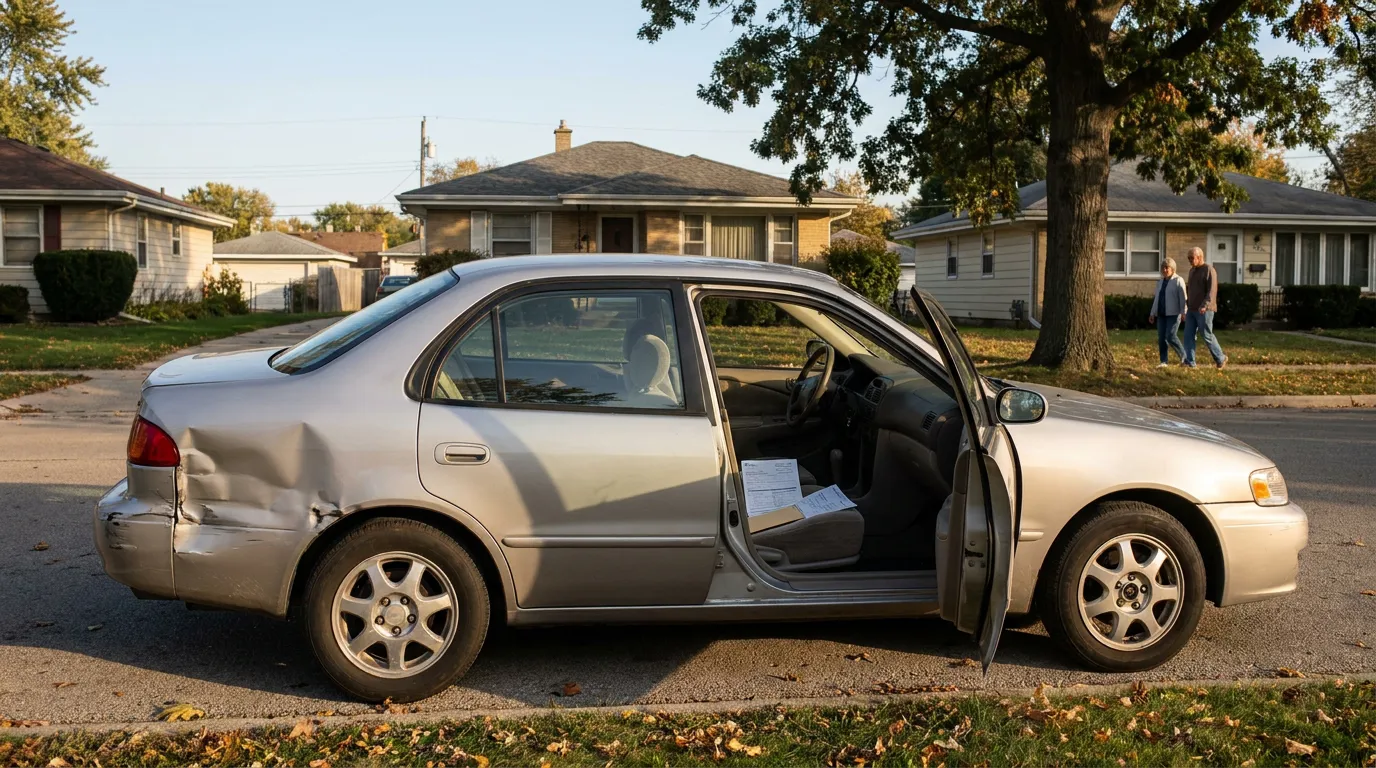 Illinois Car Crash With Medical Lien Documents Inside sedan with rear panel collision damage parked on residential street, door open with documents visible inside