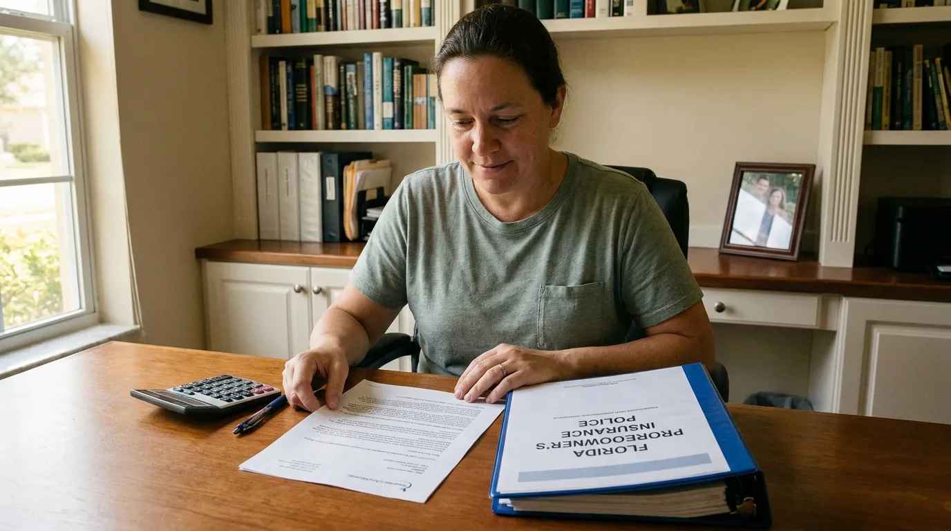 Florida Homeowner Reviewing Insurance Policy And Repair Documents woman reviewing Florida homeowner's insurance policy binder and documents at desk