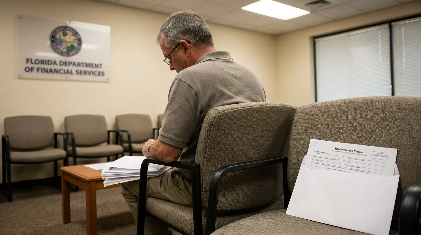 Florida DFS Policyholder Submitting State Mediation Request Form man reviewing documents in Florida Department of Financial Services waiting room with State Mediation Request form
