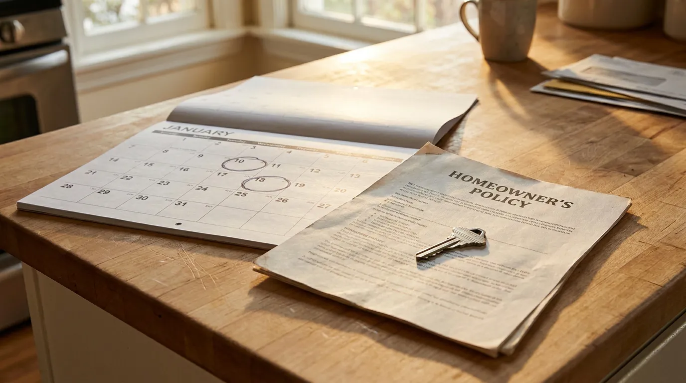 Florida Homeowners Policy Calendar Year Hurricane Deductible Rule Homeowner's Policy document with house key and January calendar on wooden surface