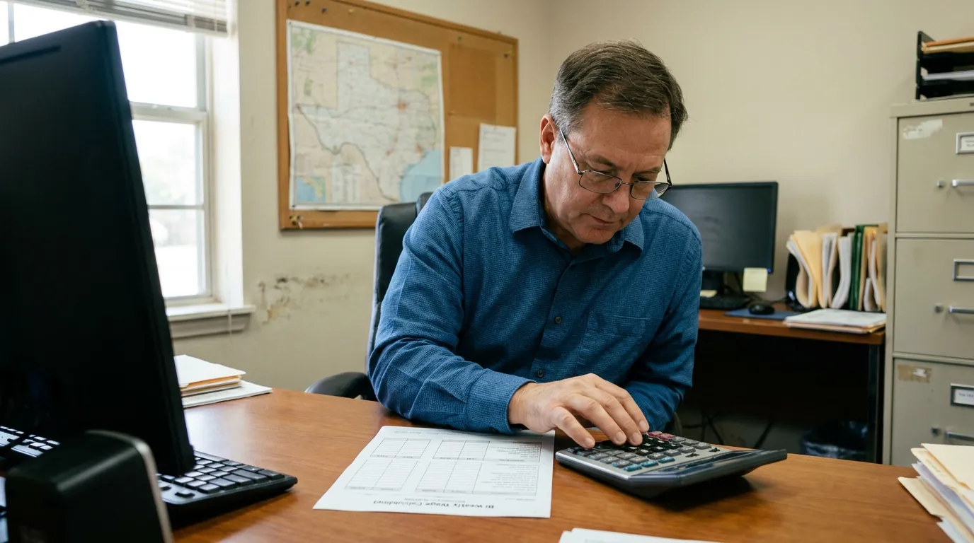 Texas Employee Calculating Belo Plan Overtime Pay man using calculator beside biweekly wage calculation document at office desk