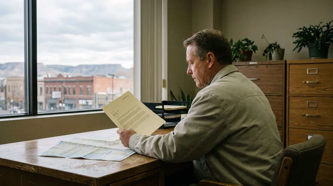 Montana Man Reviewing Ridley Claim Documents After Car Accident man seated at desk reviewing printed letter with maps spread before him