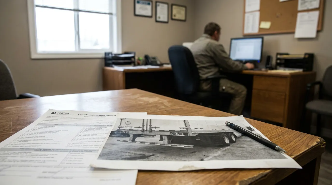 FMCSA Vehicle Inspection Report and truck photo on office desk with professional working