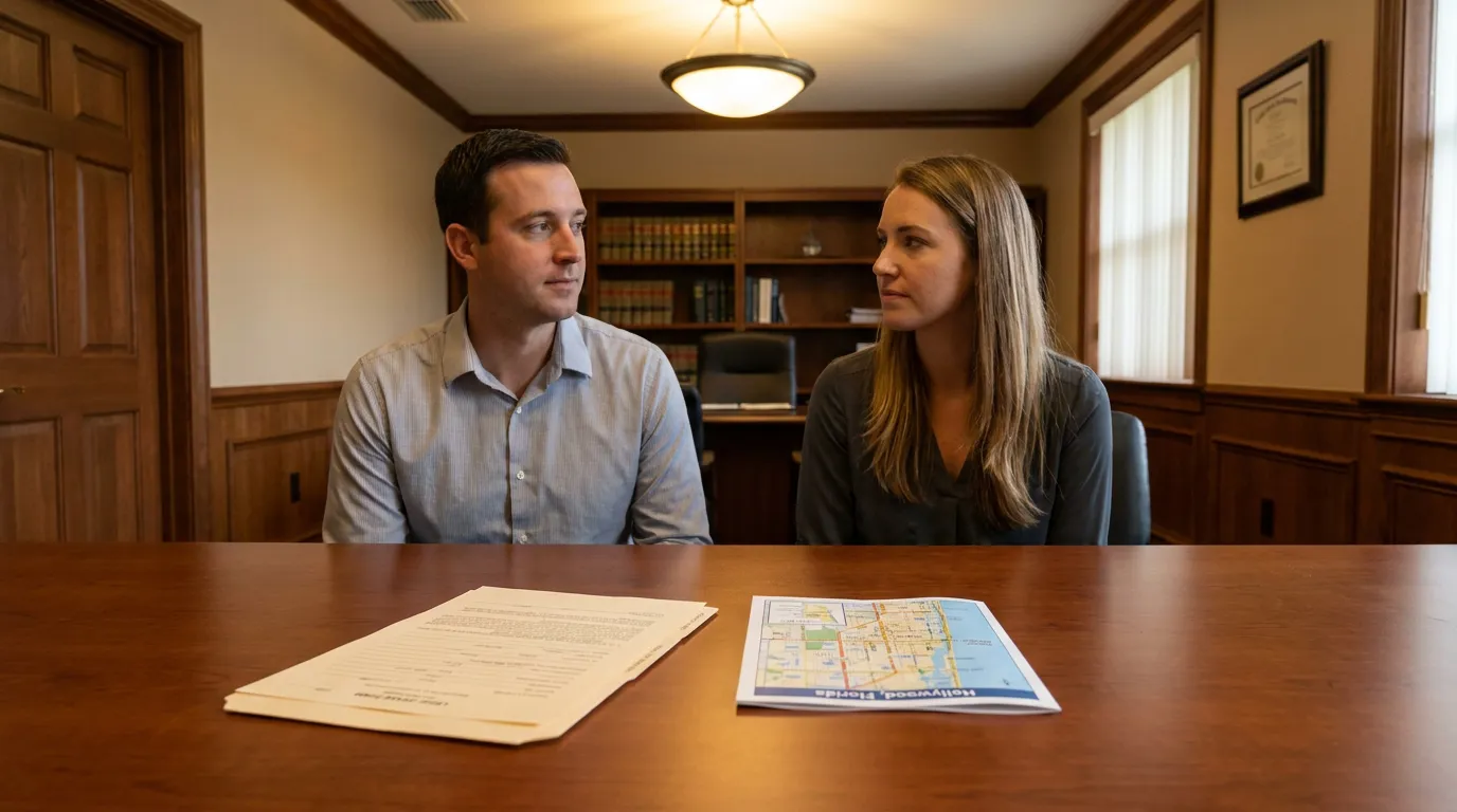 Adult Children Meeting Hollywood Florida Wrongful Death Attorney two clients seated at law office table with Hollywood Florida map and legal documents