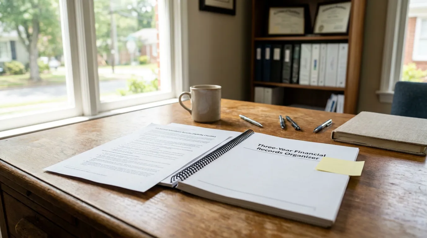 VA Aid and Attendance Three-Year Financial Records Charlotte NC Three-Year Financial Records Organizer spiral binder open on wooden desk