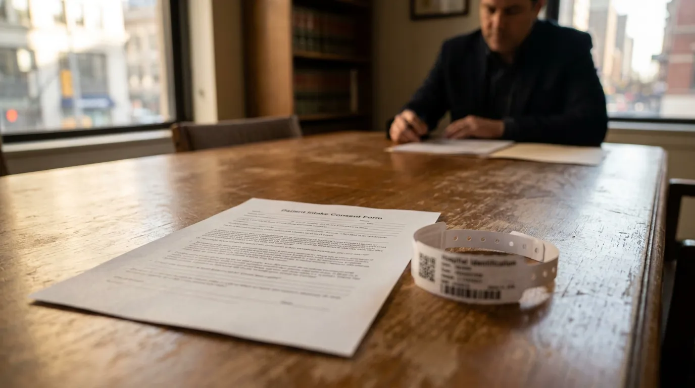 Illinois Hospital Malpractice Attorney Reviewing Patient Consent Form Patient Intake Consent Form and hospital identification wristband on law office desk