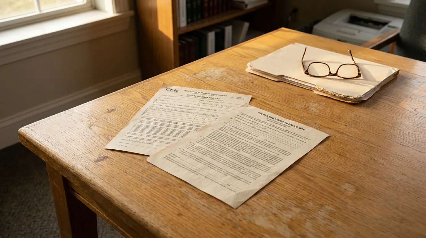Ohio BWC Pre-Existing Condition Disclosure Forms Dayton Attorney Desk Ohio Bureau of Workers Compensation medical records request form on wooden desk