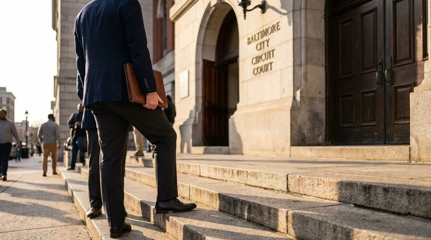 Probate Attorney Entering Baltimore City Circuit Court attorney carrying leather portfolio ascending steps of Baltimore City Circuit Court