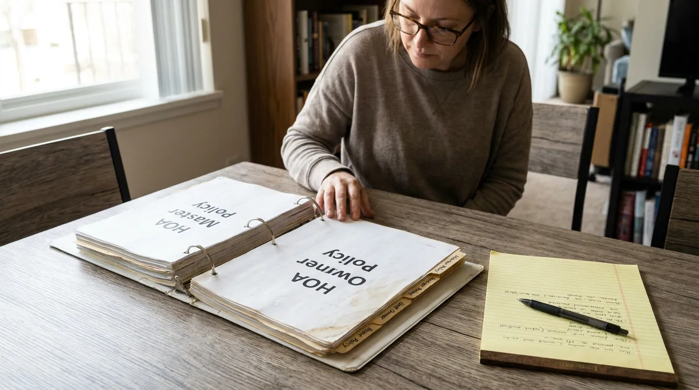 Florida Condo Owner Reviewing HOA Master Policy Documents woman reviewing HOA Master Policy and HOA Owner Policy binders at desk